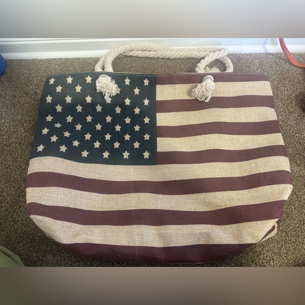 Patriotic Straw Tote Bag with Rope Handles - Flag Print
